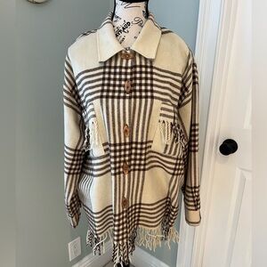 Vintage Sinclair Wool Plaid Shacket | Size 38/40 M | Tan & Brown Plaid | Fringe